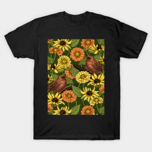 Wrens and flowers on green T-Shirt